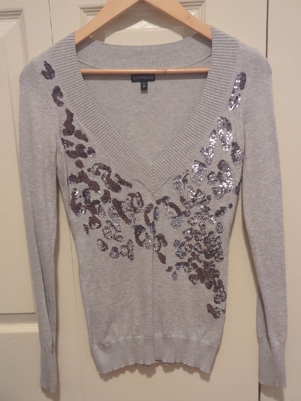 Express Women's Light Gray V-Neck Sequin Leopard-Accent Sweater